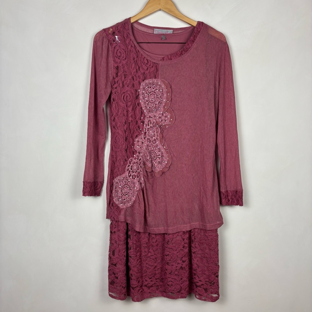 Pretty Angel Two Piece Dress & Shirt Mauve Pink S/M Lace Rhinestones Fairycore
